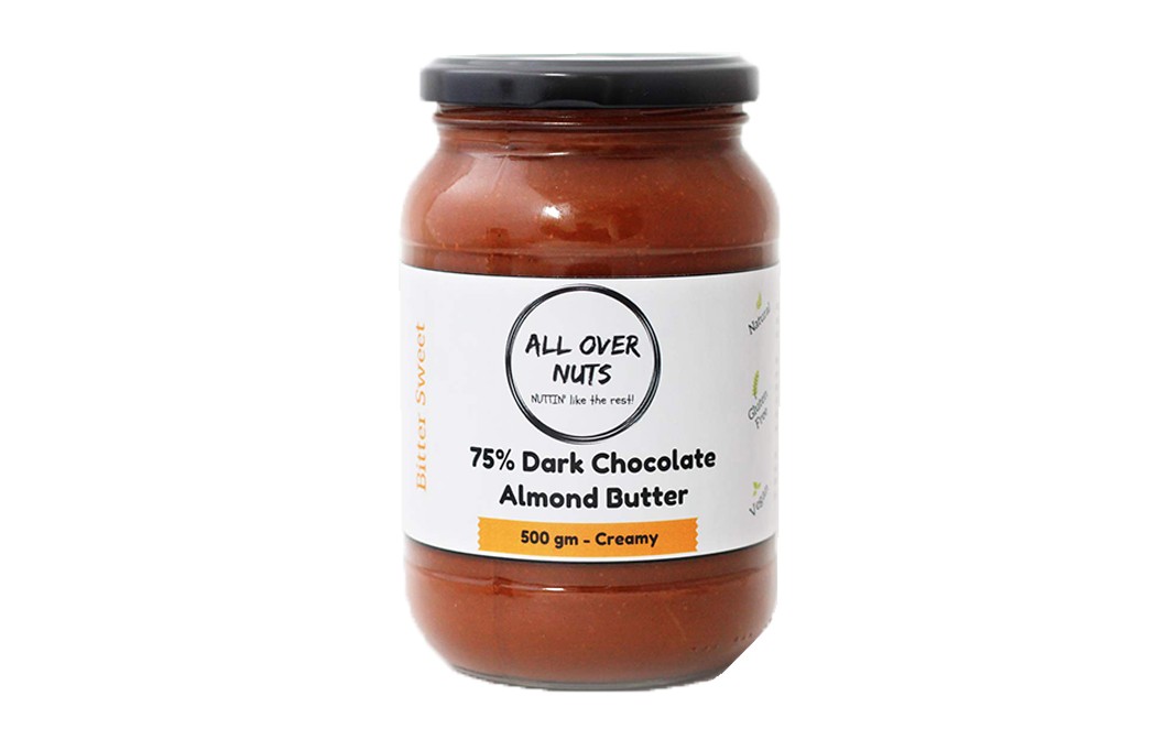 All Over Nuts 75% Dark Chocolate Almond Butter Creamy   Glass Jar  500 grams